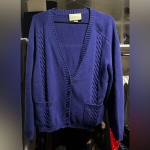Gucci Deep Blue Cable Knit V-Neck Cardigan